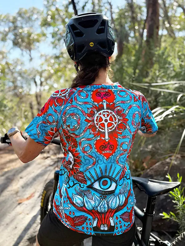 Baja Blue Women's Short Sleeve Mountain Bike Jersey Back on model | Cycology USA