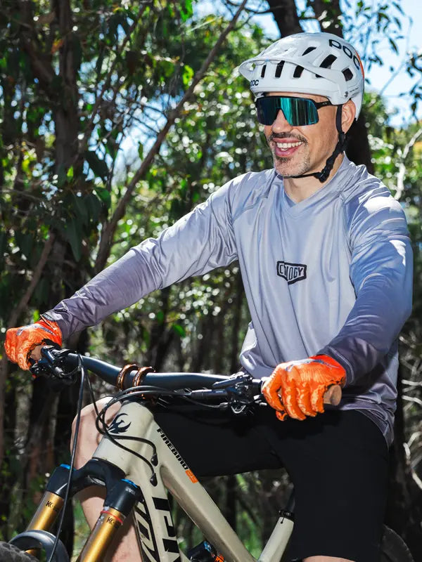 Good Times Grey Men's Long Sleeve Mountain Bike Jersey on model front  | Cycology USA