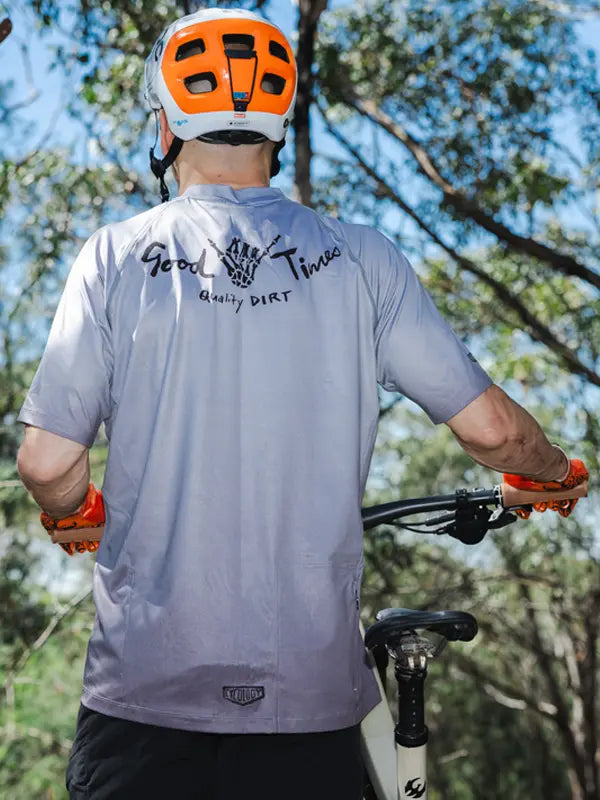 Good Times Gray Men's Short Sleeve Mountain Bike Jersey on model back | Cycology USA