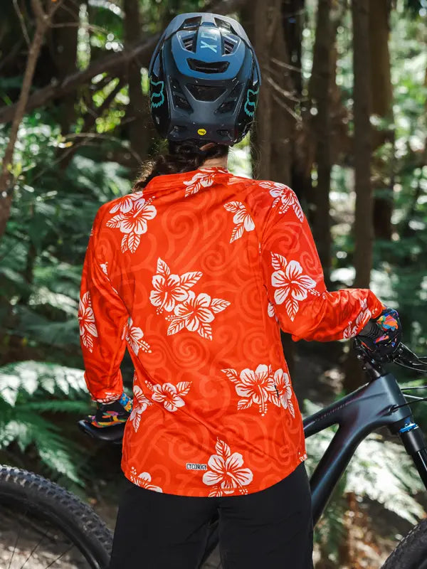 Koa Red Womens Long Sleeve MTB Jersey on model Back