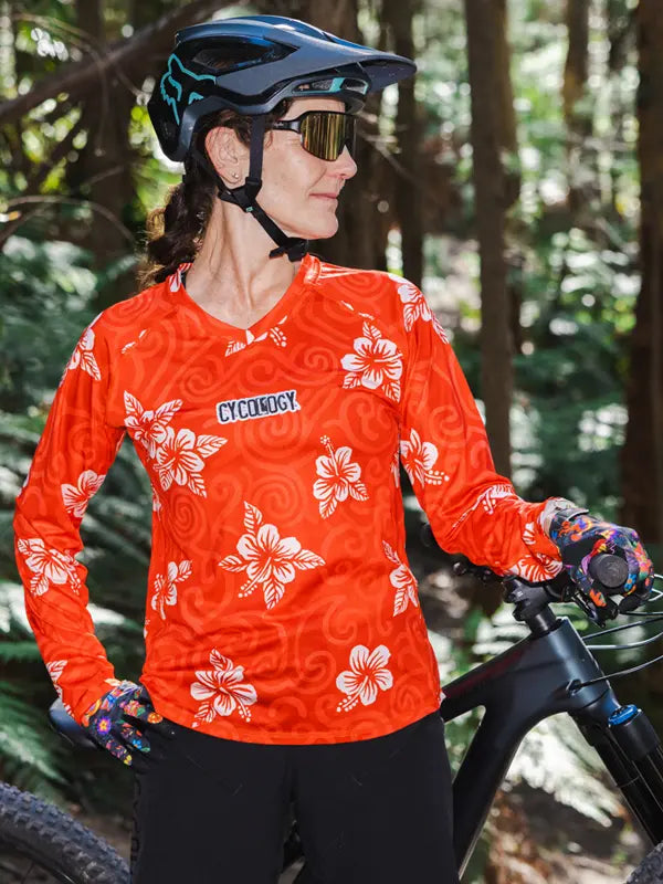 Koa Red Womens Long Sleeve MTB Jersey On model front 