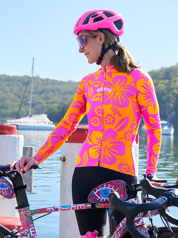 Oahu Pink Women's Long Sleeve Summer Cycling Jersey on model Front  | Cycology USA