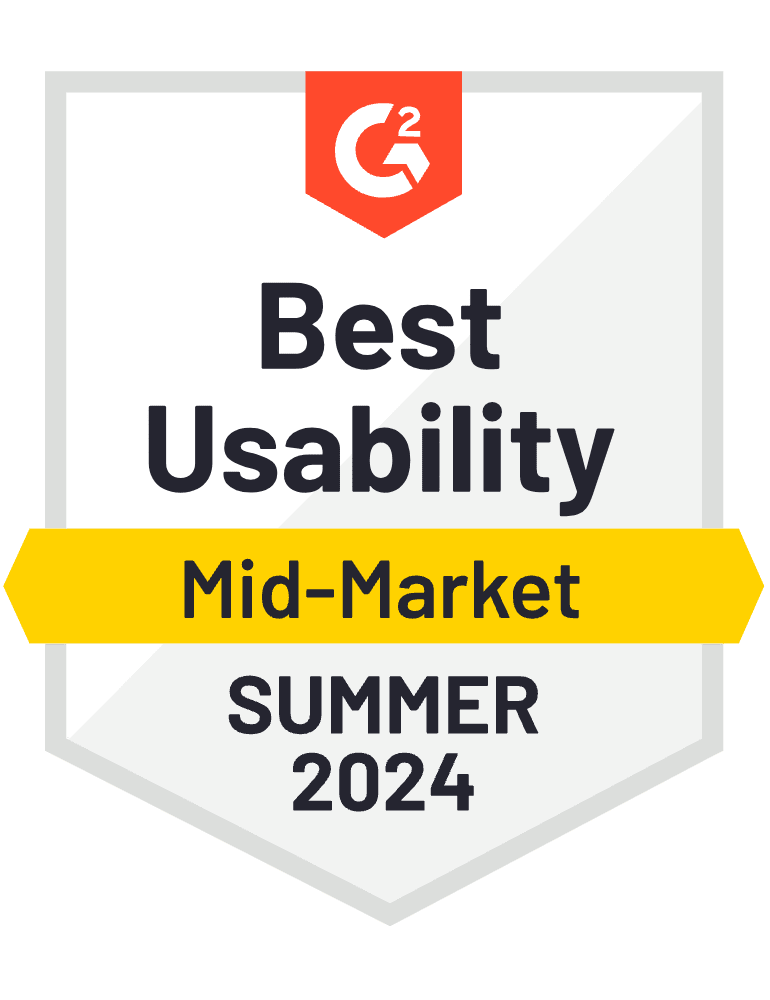 G2 Badge: Best Usability, Mid-Market, Summer 2023