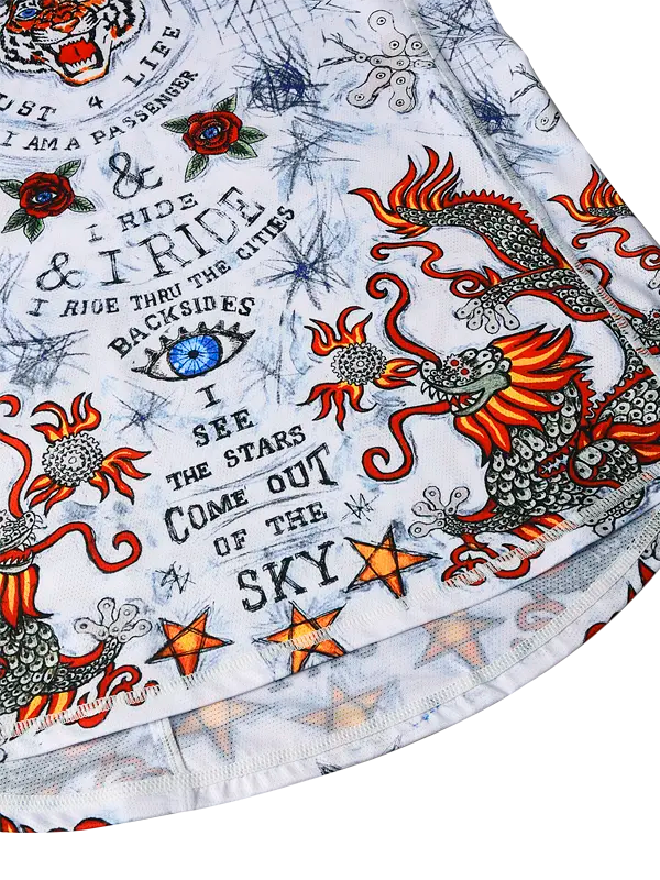 City of Angels White Women's Short Sleeve MTB Jersey dragon designs, stars, and text on a white background