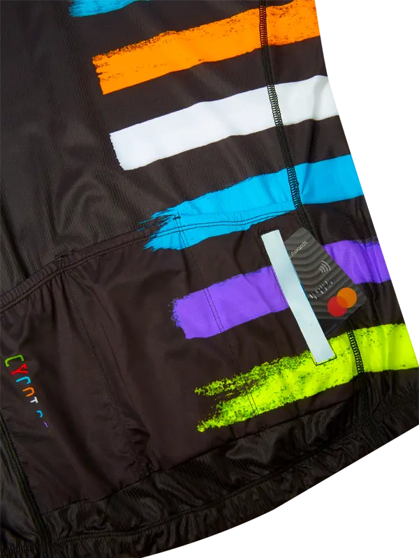 Black jersey with colorful horizontal stripes on a white background