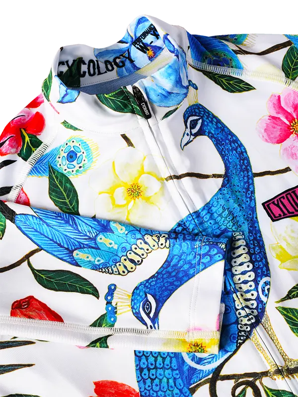 Goddess White Women's Long Sleeve Summer Cycling Jersey wit a colorful fabric with peacock and floral patterns on a white background