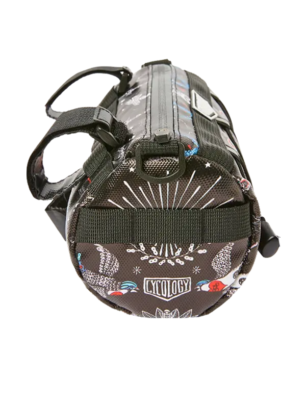 Black bike bag with colorful designs and 'Cycology' branding 
