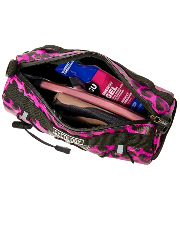 Bicycle handlebar bag with pink leopard print design and 'Cycology' branding.