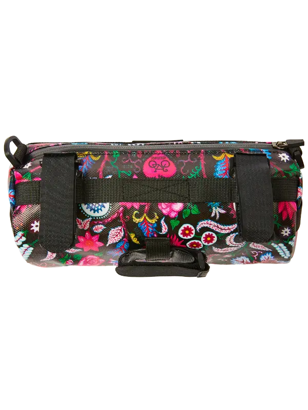 Multicolored floral patterned bike  bag with black Velcro  straps 