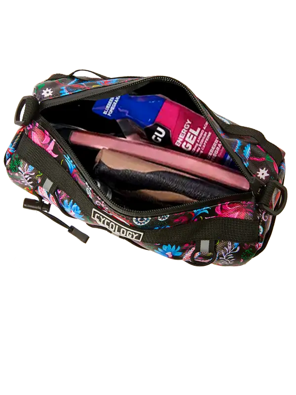 Multicolored floral patterned bike  bag with black Velcro  straps 
