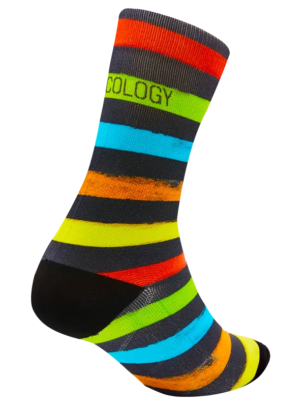 Colorful striped  cycling sock with 'Cycology' branding on a black  background