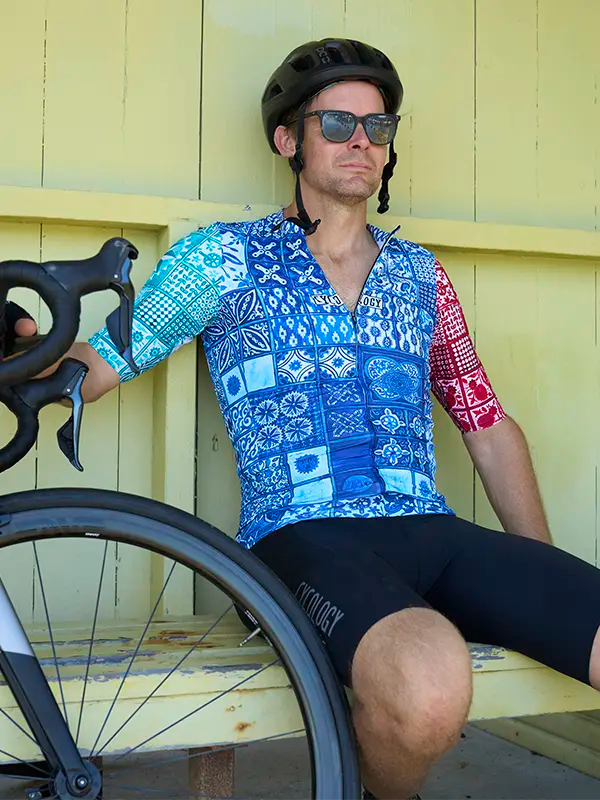 Majorca Men's Blue Reborn Cycling Jersey Front on model Cycology USA