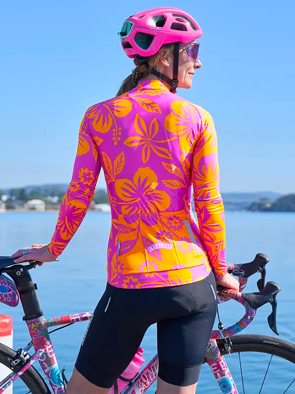 Oahu Pink Women's Long Sleeve Summer Cycling Jersey on model Back  | Cycology USA